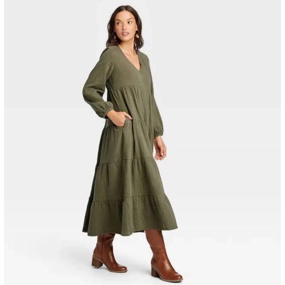 Universal Thread Olive Green Gauze Cotton Tiered Peasant Dress Pockets Sz M Fall - Picture 1 of 10
